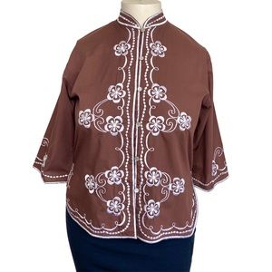 Vintage 70s Caro of Honolulu brown floral embroidered top